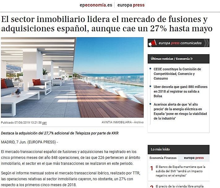 El sector inmobiliario lidera el mercado de fusiones y adquisiciones espaol, aunque cae un 27% hasta mayo